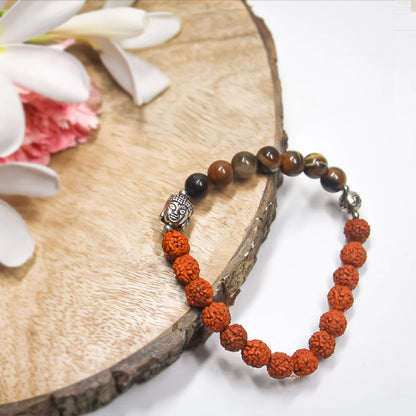 Spiritual Harmony Bracelet - Tiger's Eye, Rudraksha, and Buddha Symbol