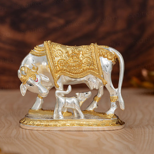 Kamdhenu Cow with Calf Statuette - Gold & Silver Plated