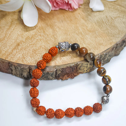 Spiritual Harmony Bracelet - Tiger's Eye, Rudraksha, and Buddha Symbol