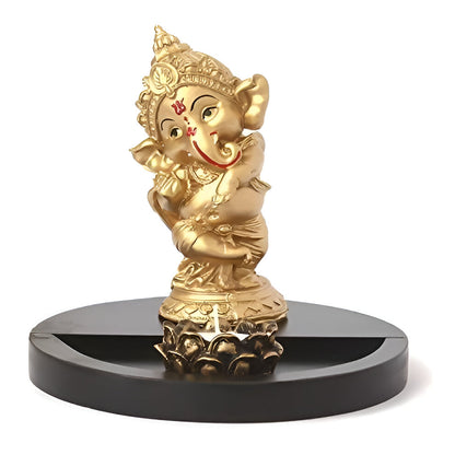 Golden Ganesha Dancing Ganesh Idol for Gift with Tealight Holder and Wood Tray (17 cm)