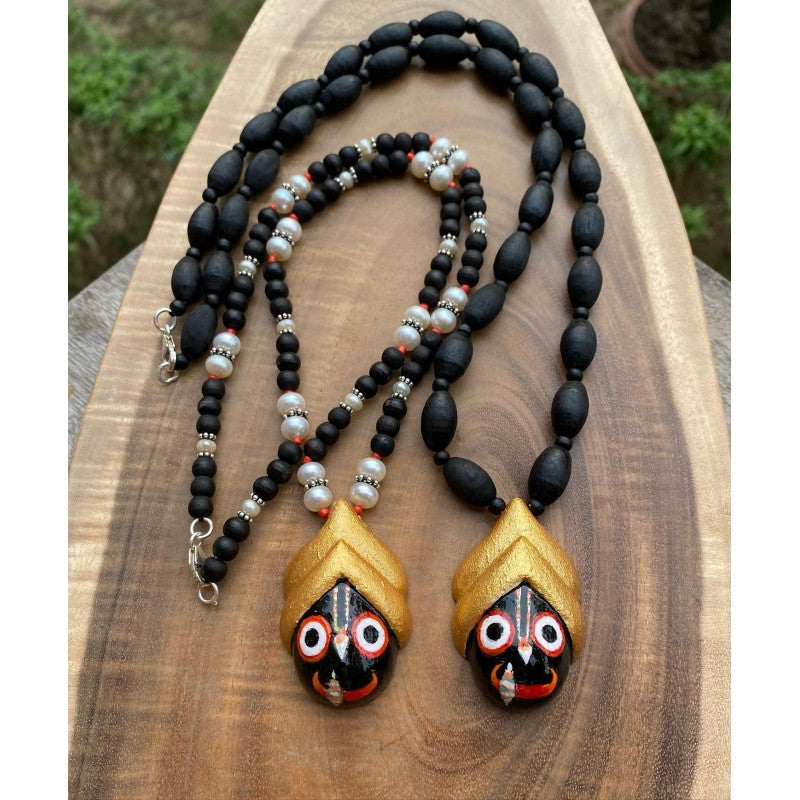 Jay Jagannath hand painted wooden pendant on tulasi and pearl necklace