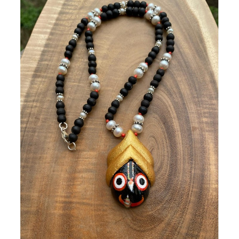 Jay Jagannath hand painted wooden pendant on tulasi and pearl necklace