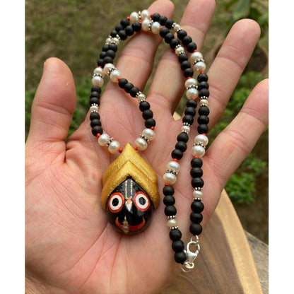 Jay Jagannath hand painted wooden pendant on tulasi and pearl necklace